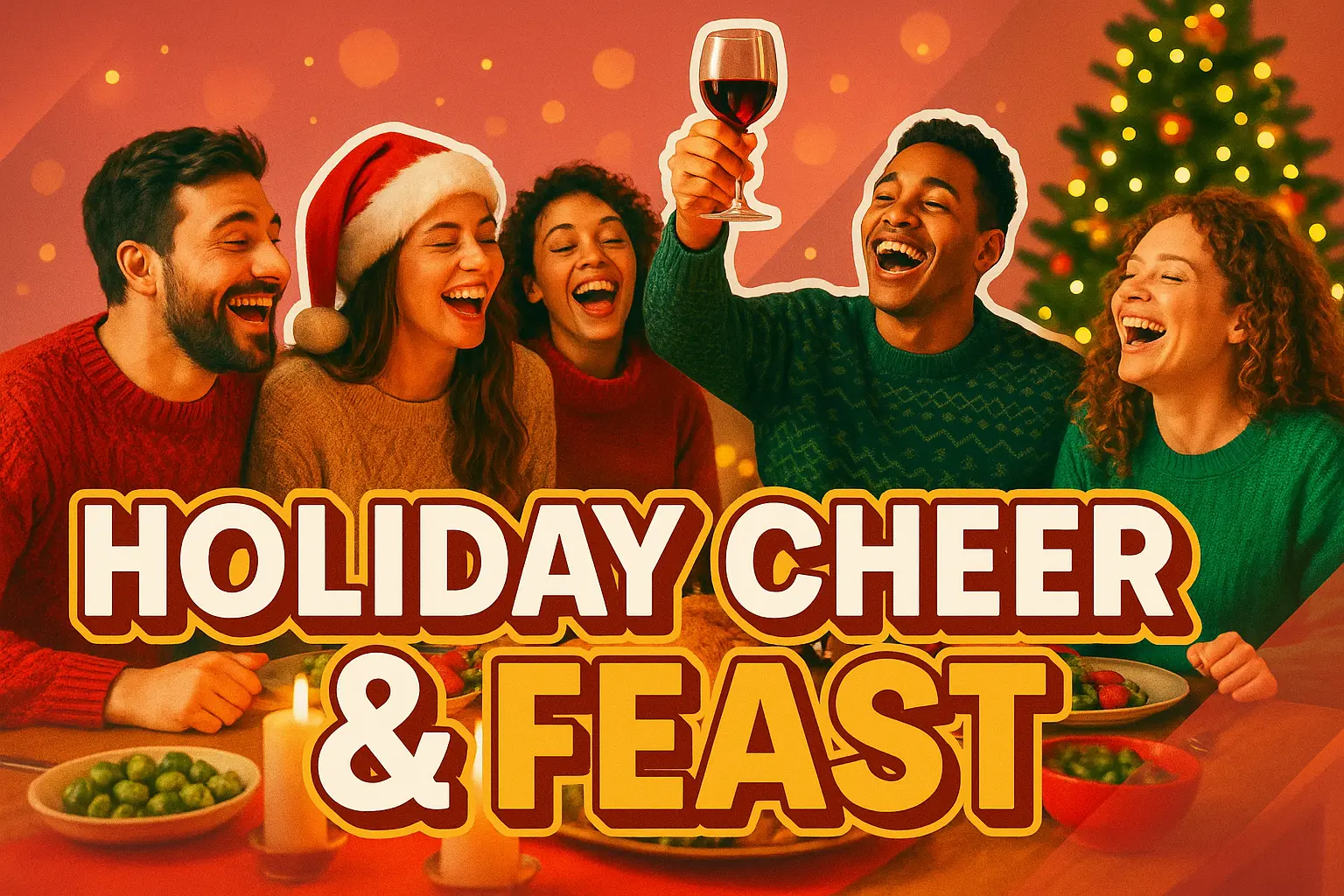 Christmas YouTube thumbnail template with friends celebrating holiday feast