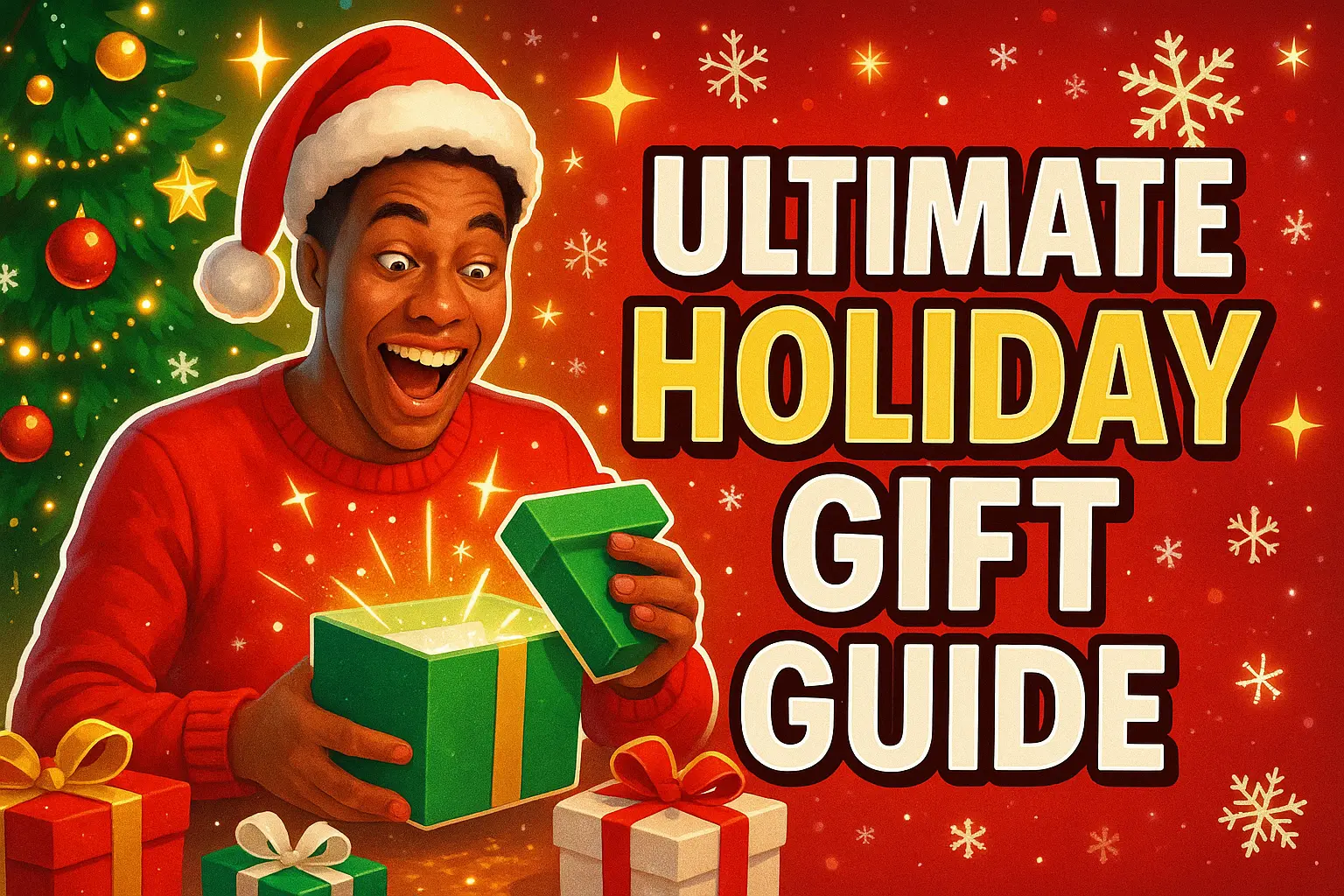 Christmas YouTube thumbnail template with joyful person unboxing gifts