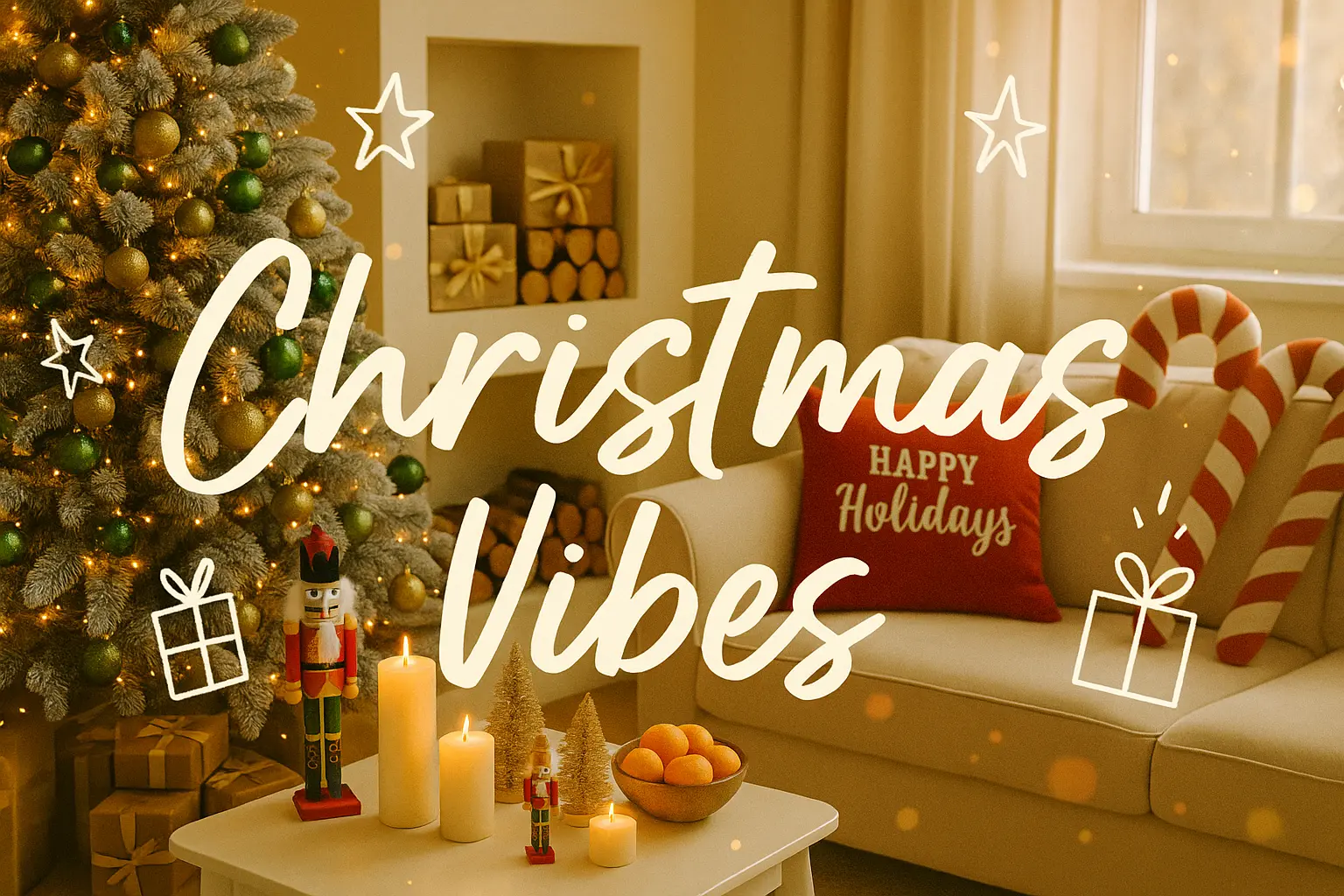 Christmas YouTube thumbnail template with festive holiday decor, tree, nutcrackers, and cozy couch