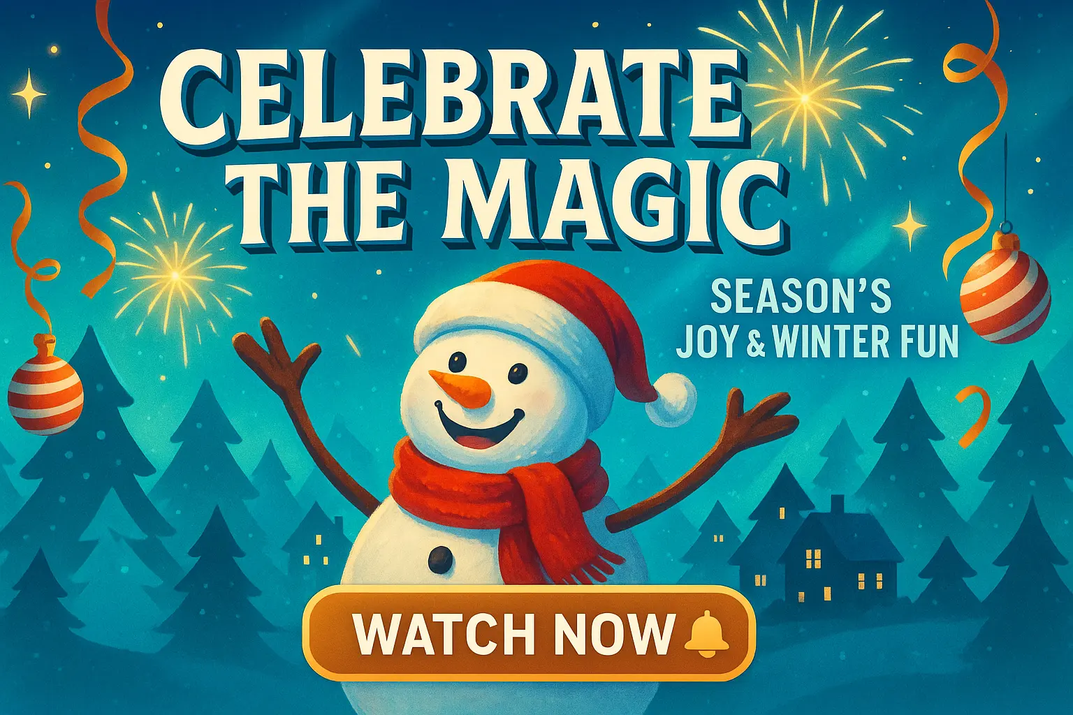 Festive Christmas YouTube thumbnail template with snowman and fireworks
