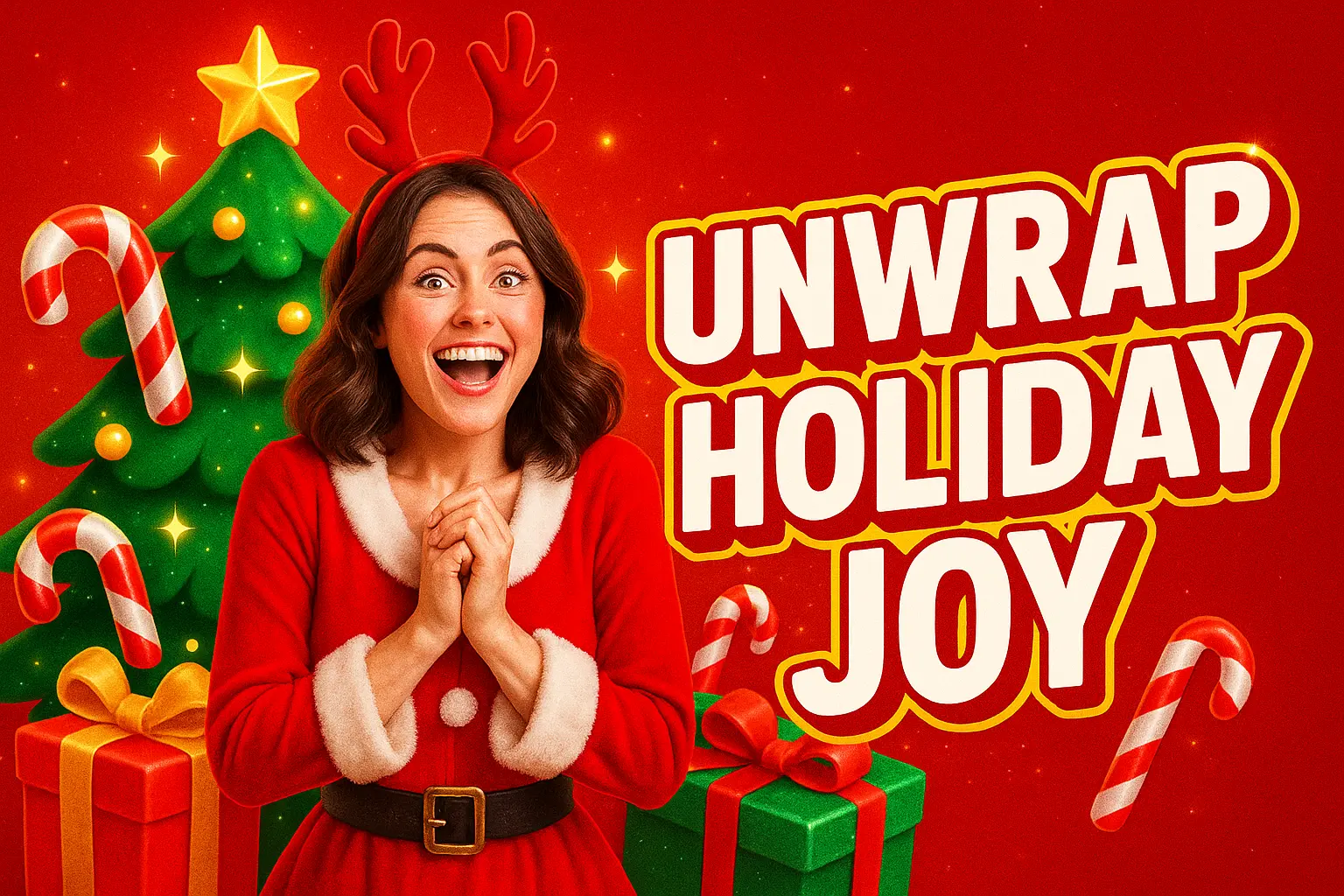 Christmas YouTube thumbnail template with festive Santa woman, tree, and gifts.