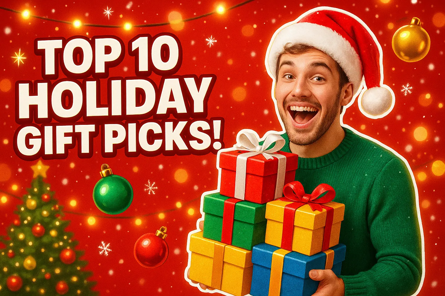 Cheerful man with gifts in Christmas YouTube thumbnail template