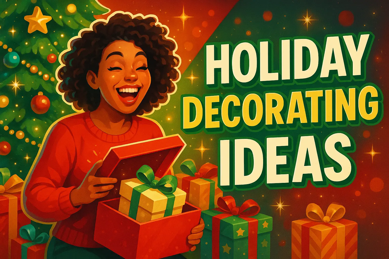 Christmas YouTube thumbnail template with a joyful woman unboxing gifts