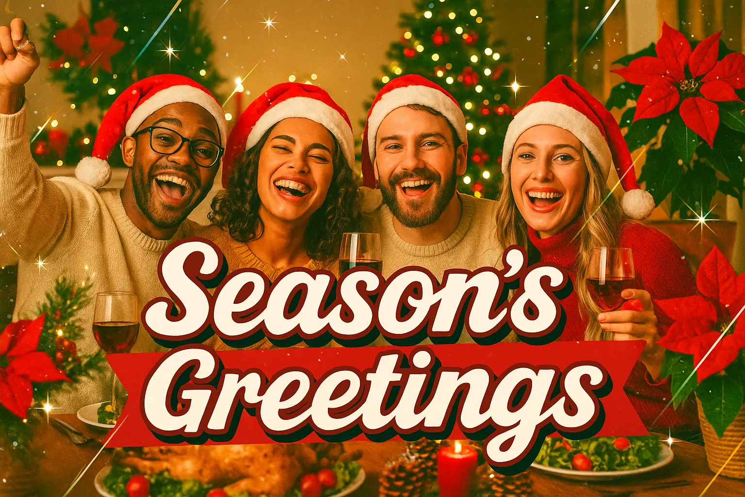 Christmas YouTube thumbnail template featuring festive friends enjoying a holiday meal