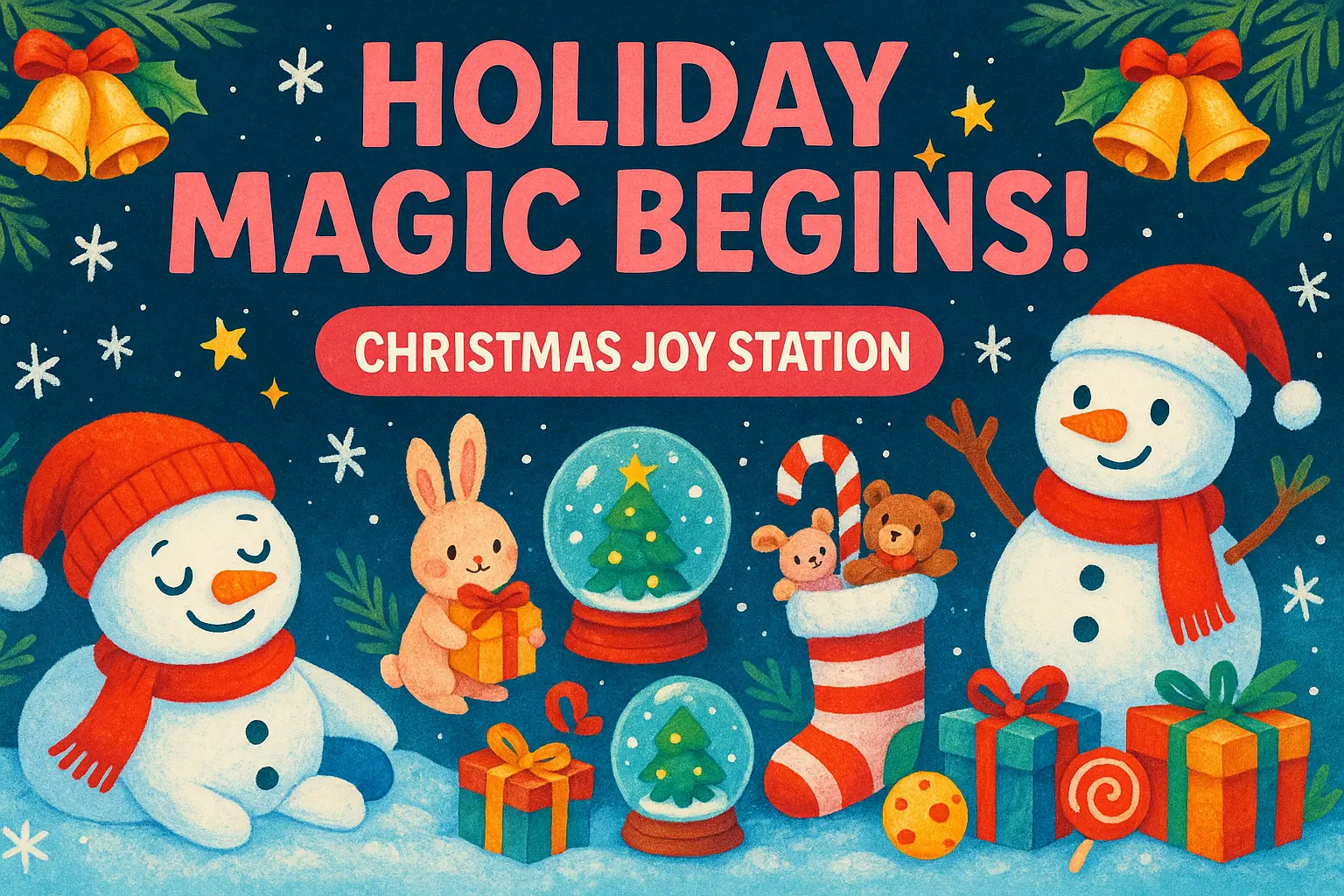Whimsical Christmas YouTube thumbnail template with snowmen and festive toys