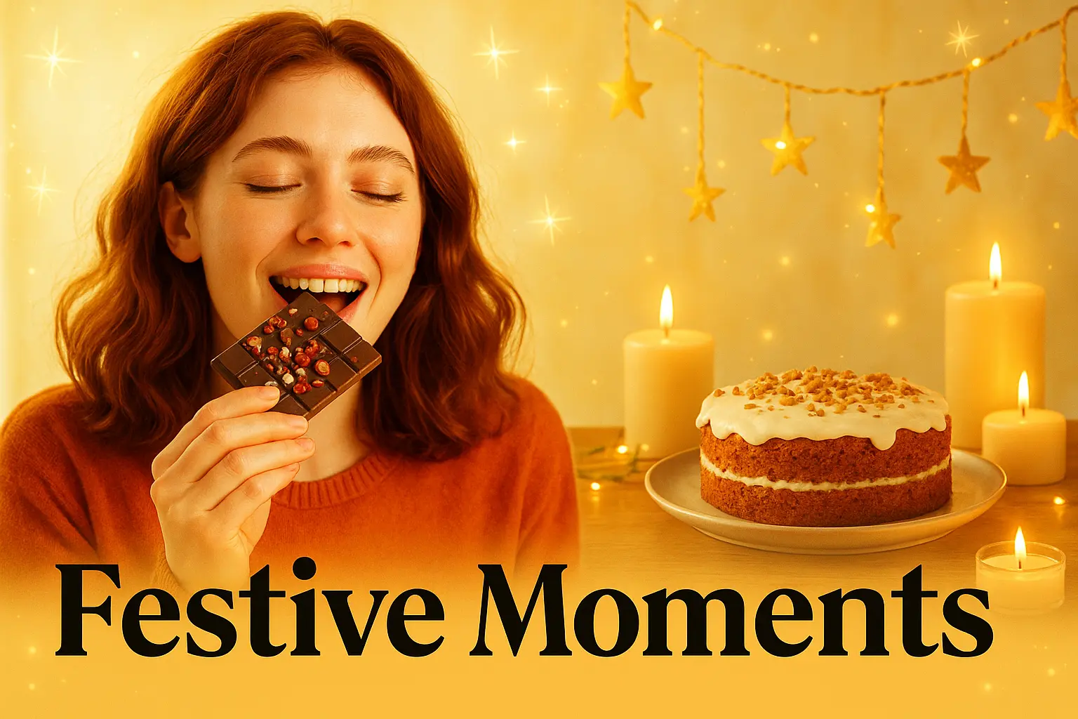 Christmas YouTube thumbnail template with a woman enjoying chocolate and a festive cake