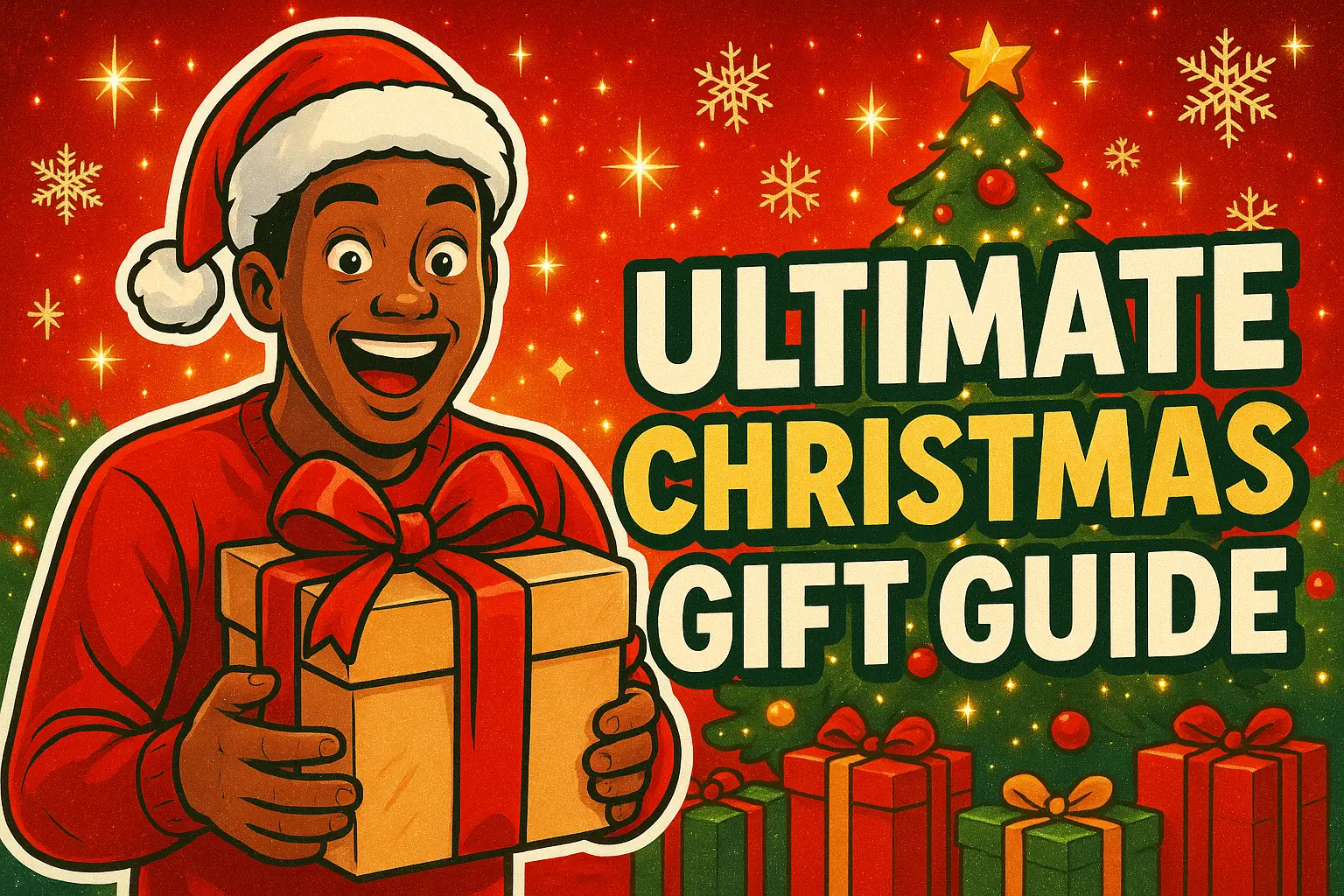 Christmas YouTube thumbnail template with joyful gift-giving scene