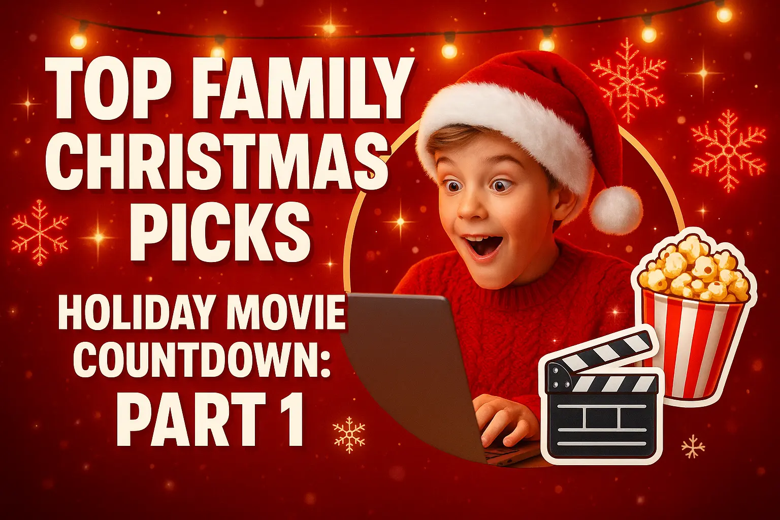 Excited kid watching laptop in Christmas YouTube thumbnail template
