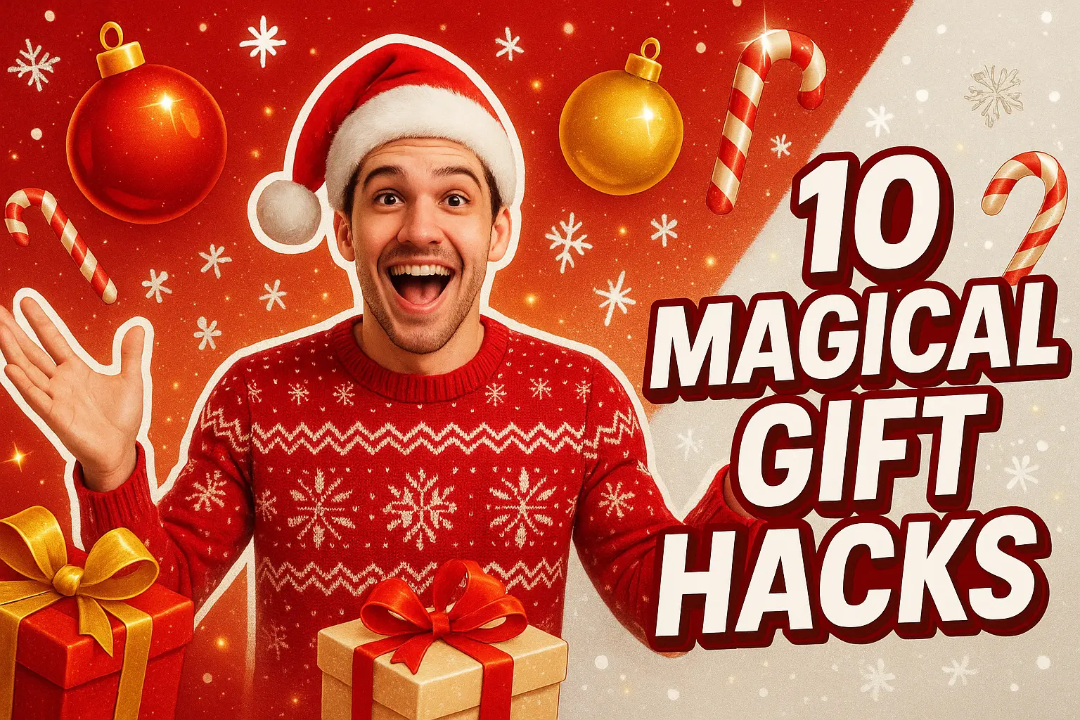 Cheerful man with gifts in Christmas YouTube thumbnail template