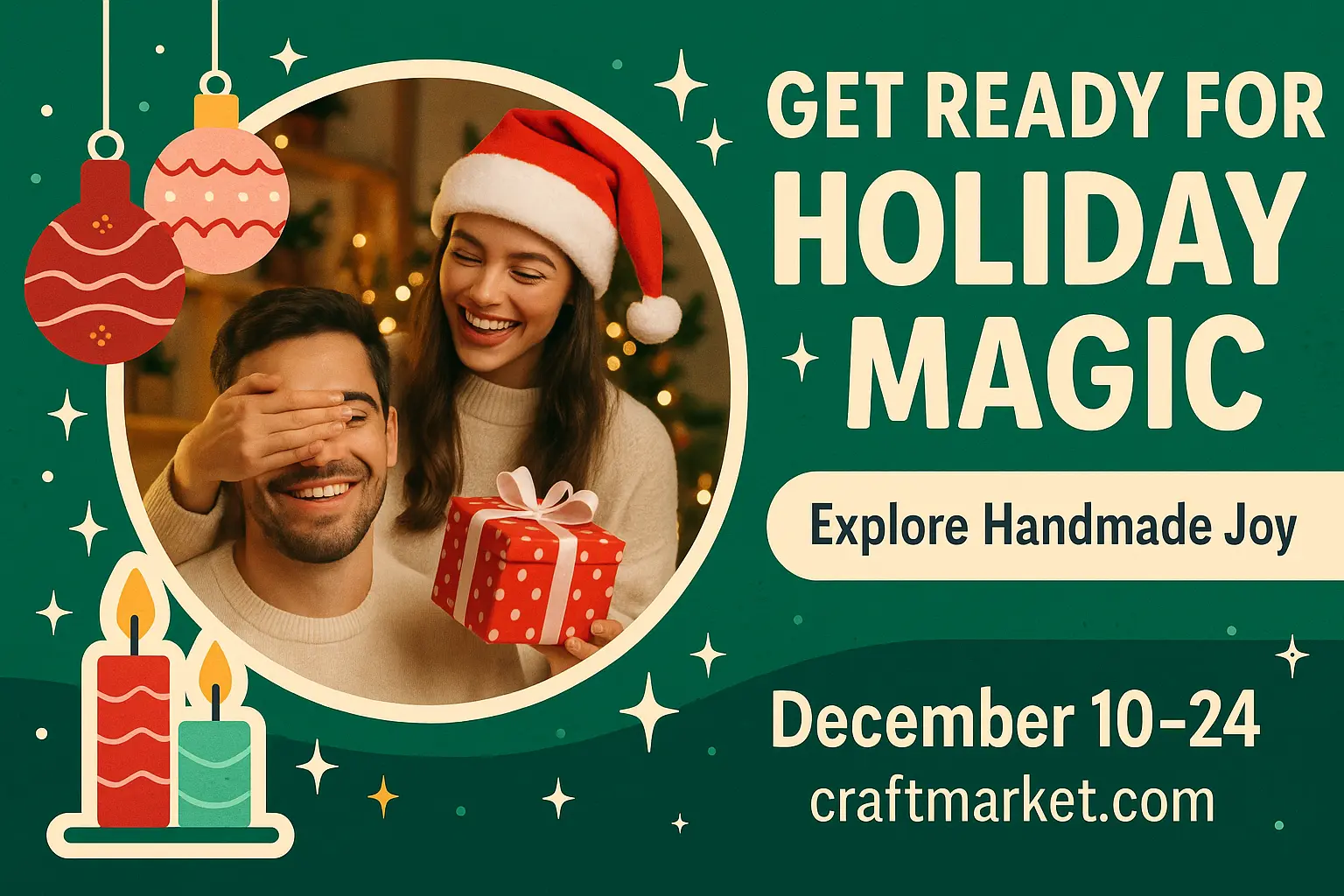 Cheerful Christmas YouTube thumbnail template with festive couple and gifts