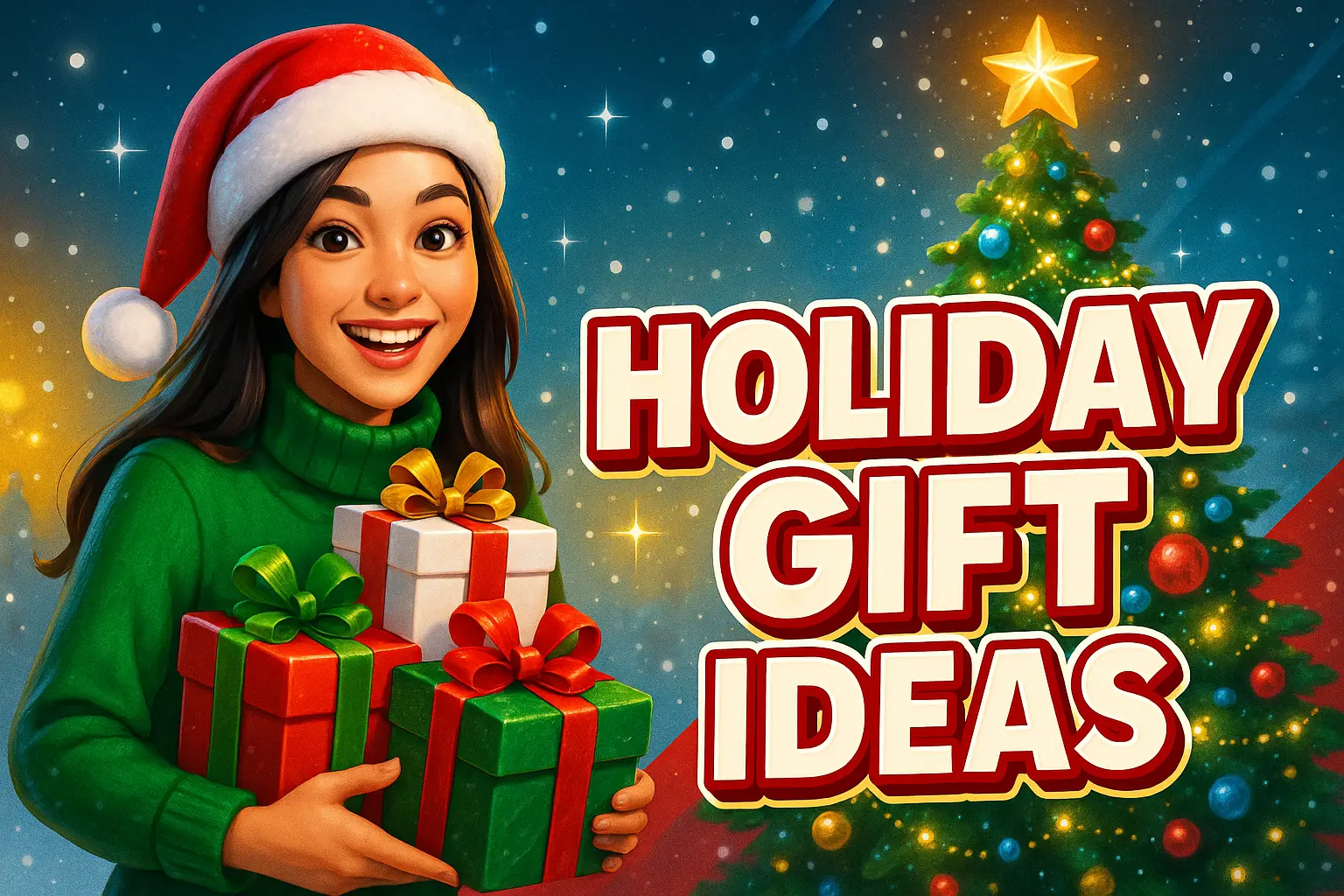 Christmas YouTube thumbnail template with smiling woman holding gifts