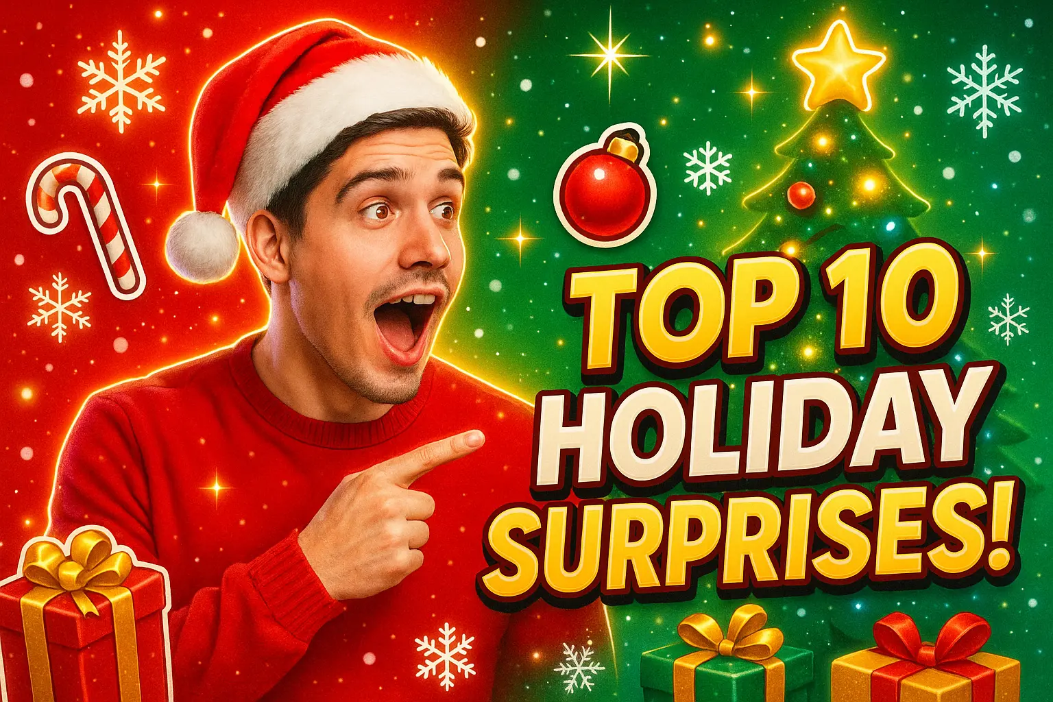 Excited man in festive scene Christmas YouTube thumbnail template