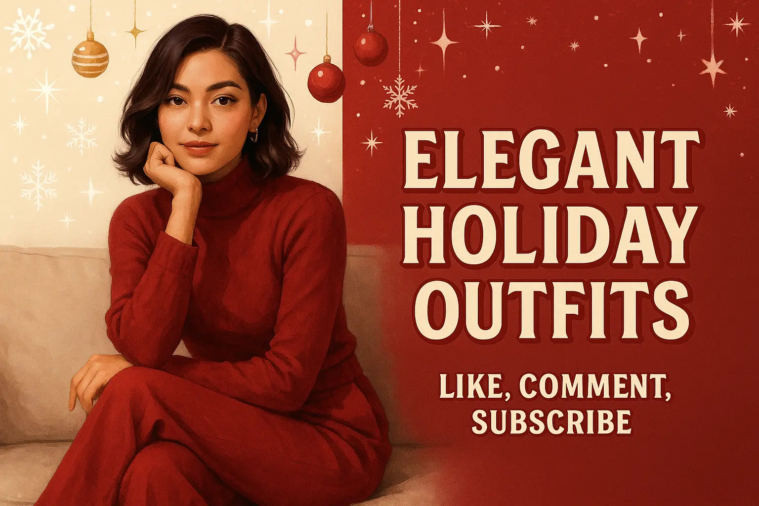 Christmas YouTube thumbnail template featuring a stylish woman with festive background