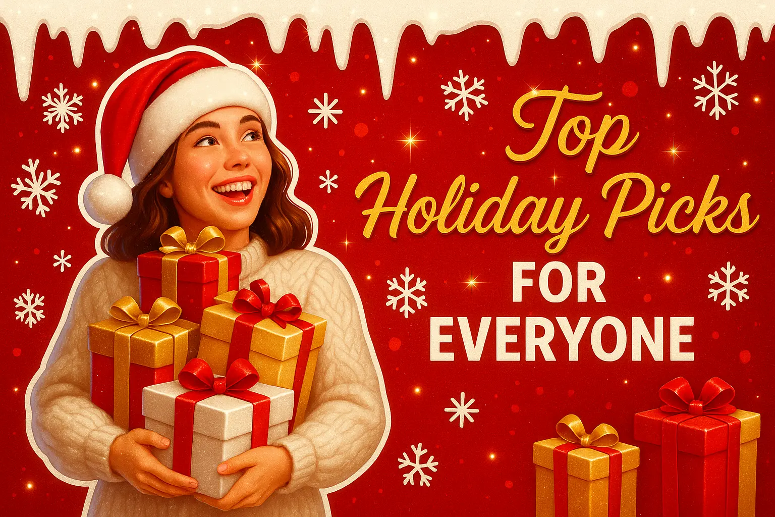 Festive Christmas YouTube thumbnail template with woman holding gifts