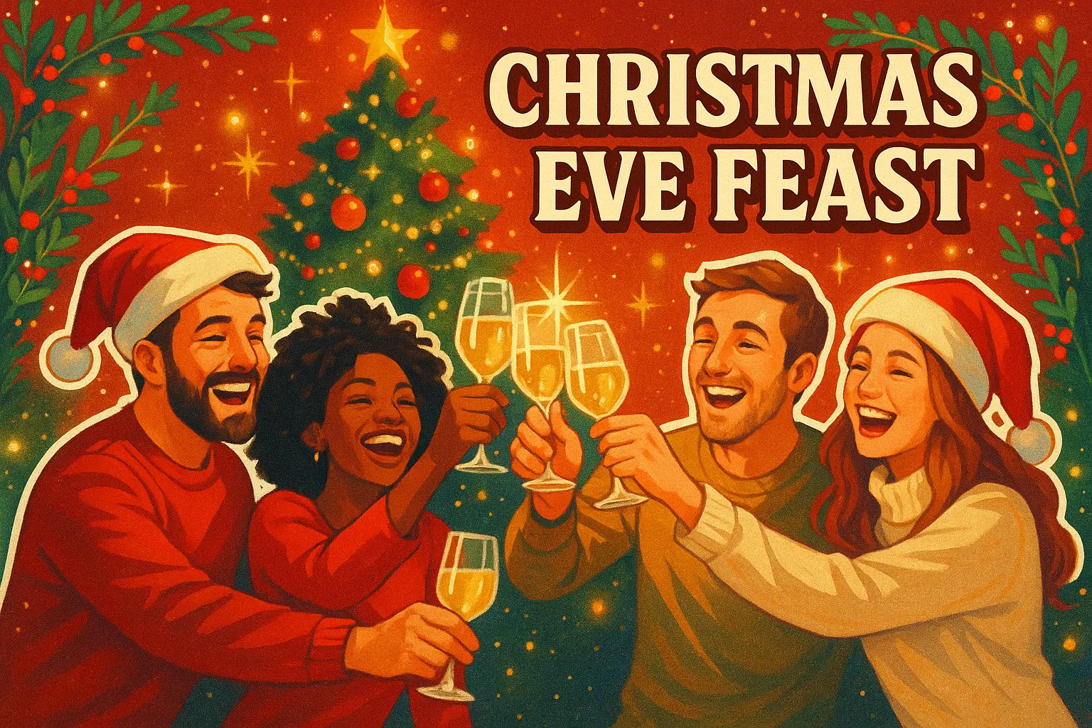Christmas YouTube thumbnail template featuring festive friends toasting and a decorated tree