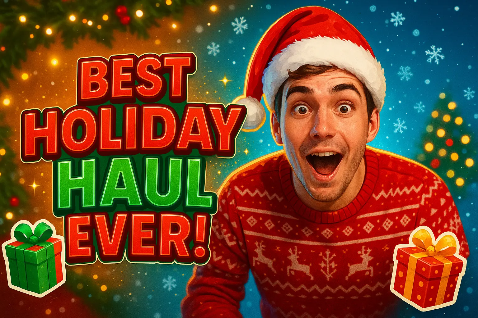 Excited man in festive scene for Christmas YouTube thumbnail template