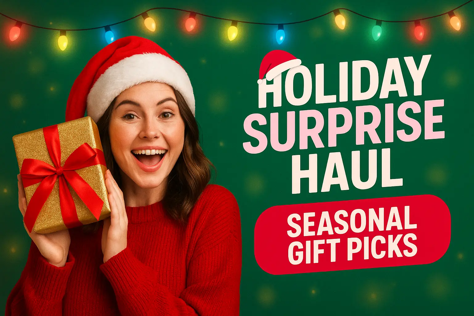 Christmas YouTube thumbnail template with joyful gift-giving scene
