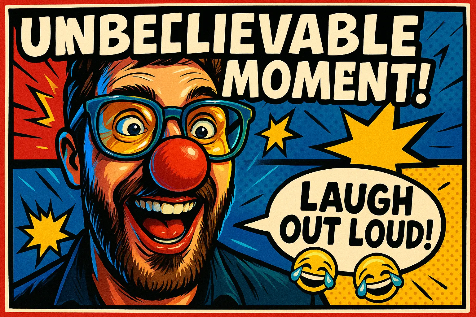Funny YouTube Thumbnail template with exaggerated character, bold colors, and comic elements