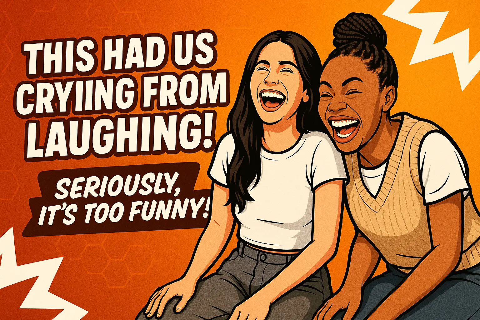 Funny YouTube Thumbnail template with two women laughing on orange backdrop