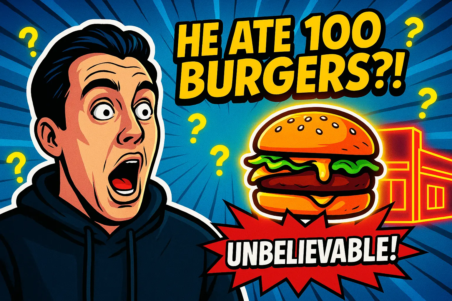 Funny YouTube Thumbnail template with shocked man and cartoon burger