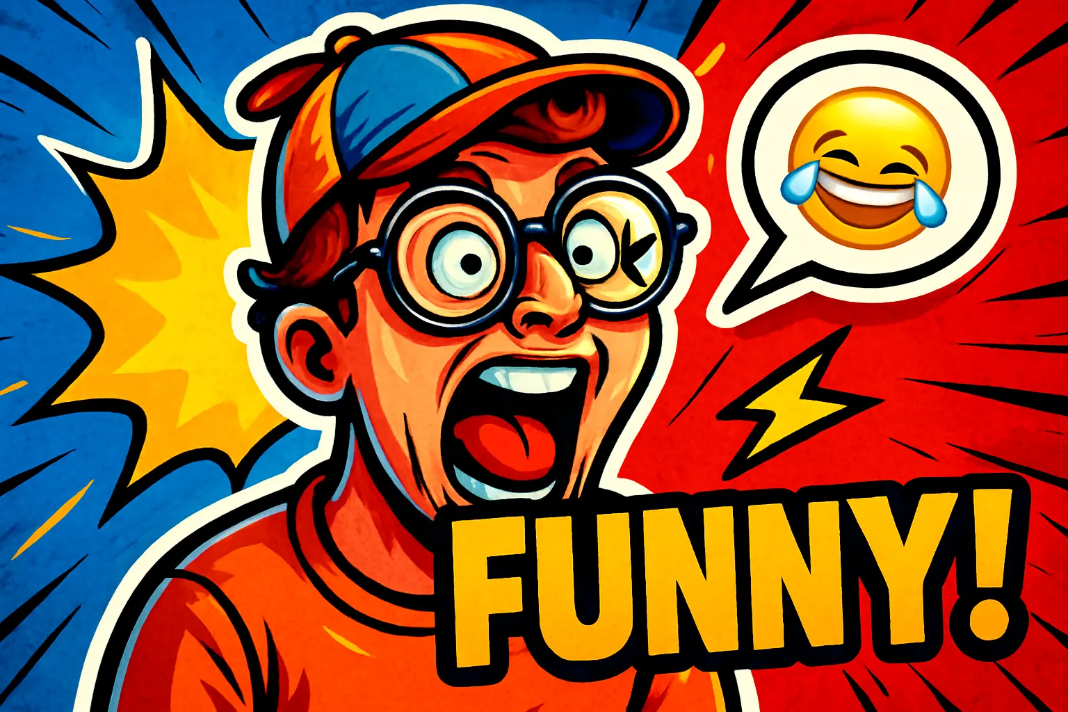 Funny YouTube Thumbnail template with cartoon character, vibrant colors, and bold text
