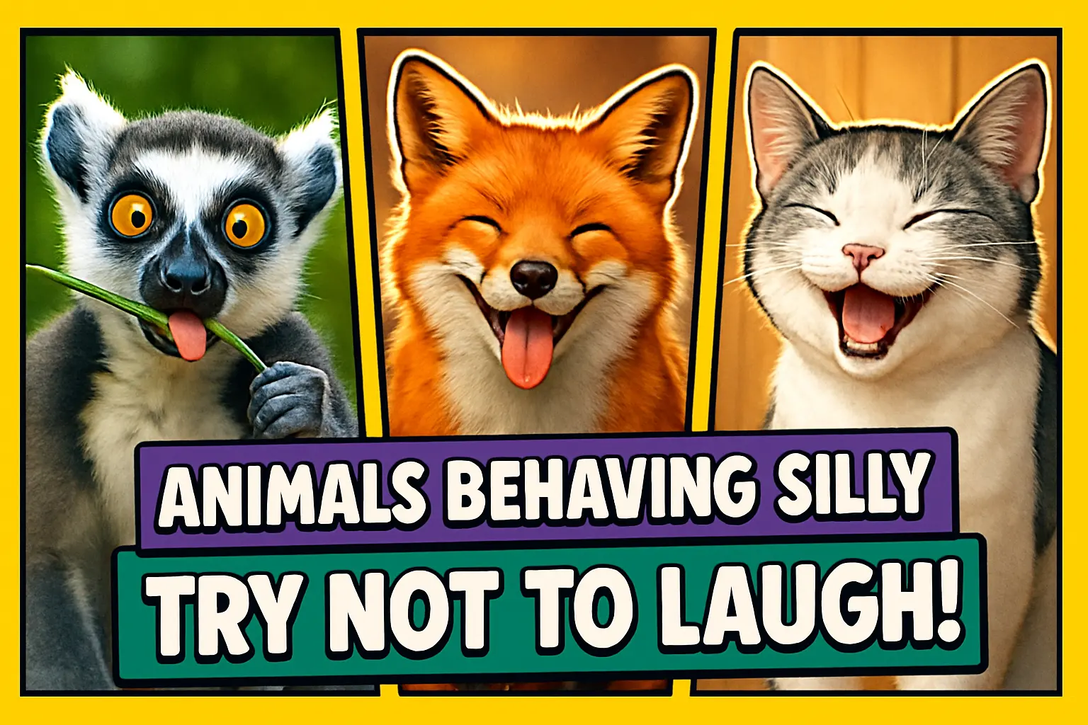 Funny YouTube Thumbnail template with silly animals in three panels