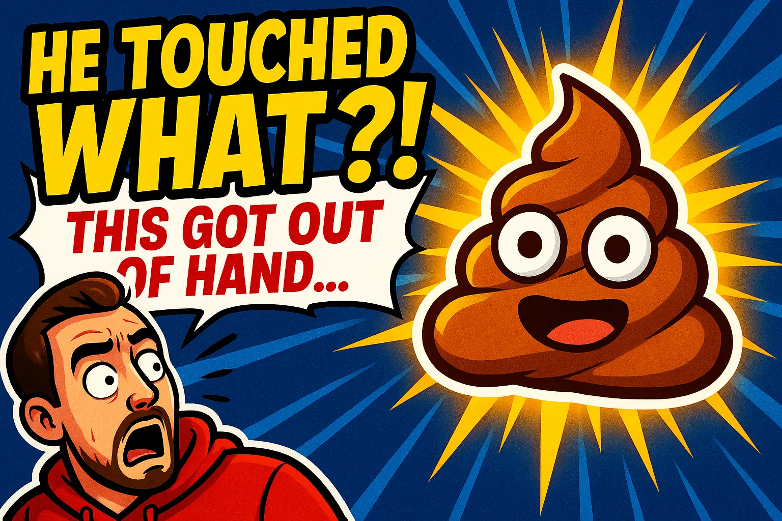 Funny YouTube Thumbnail template with shocked man and cartoon poop