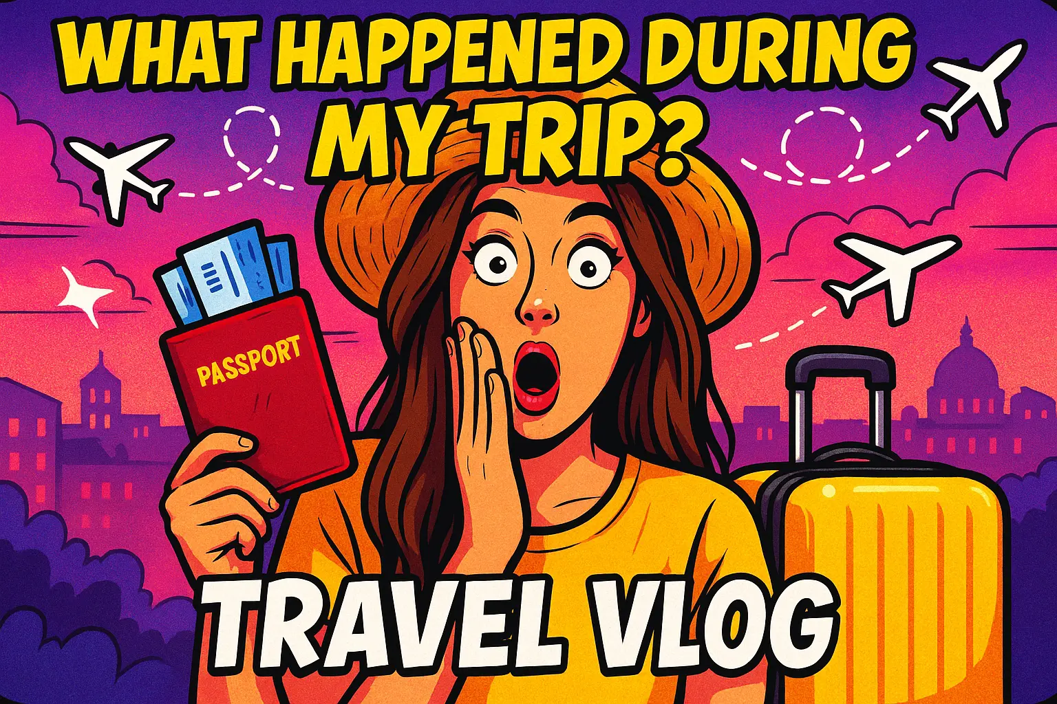 Funny YouTube Thumbnail template with a surprised woman, travel props, and vibrant city background