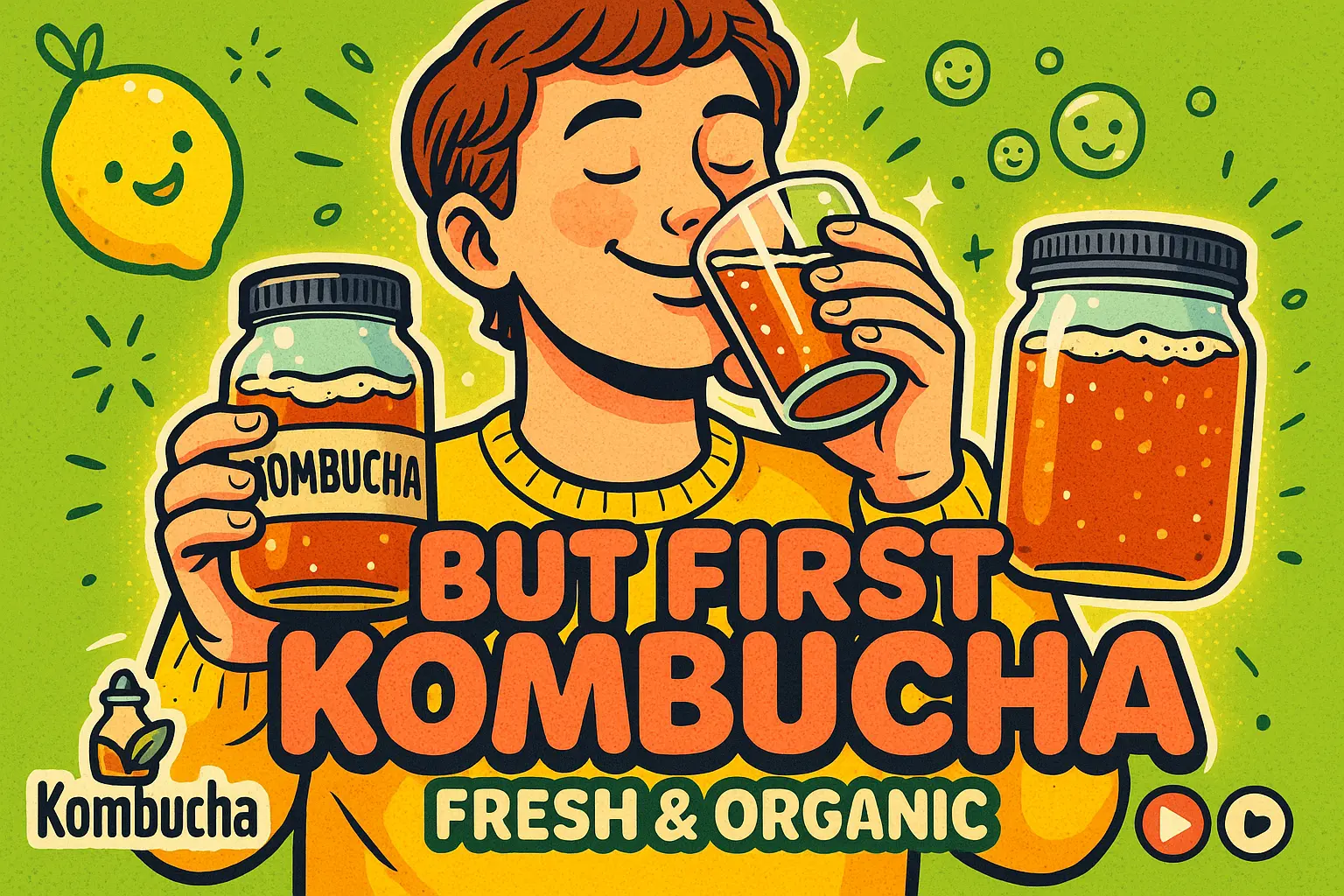 Funny YouTube Thumbnail template with person drinking kombucha