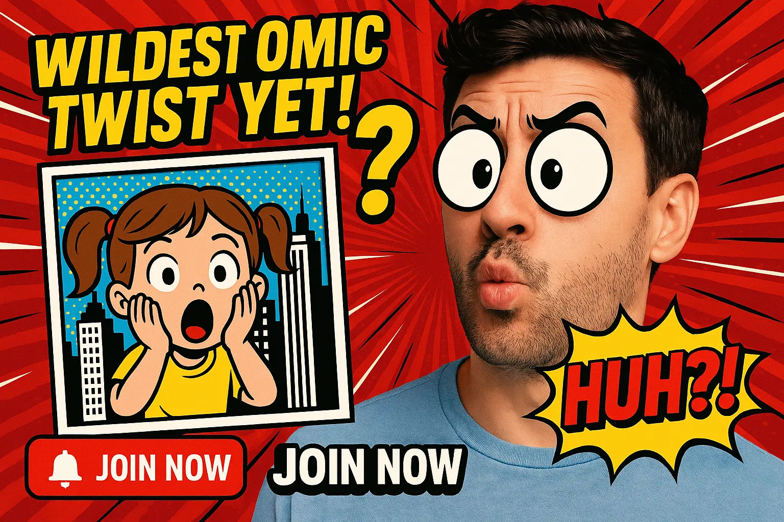Funny YouTube Thumbnail template with comic twist and surprised face