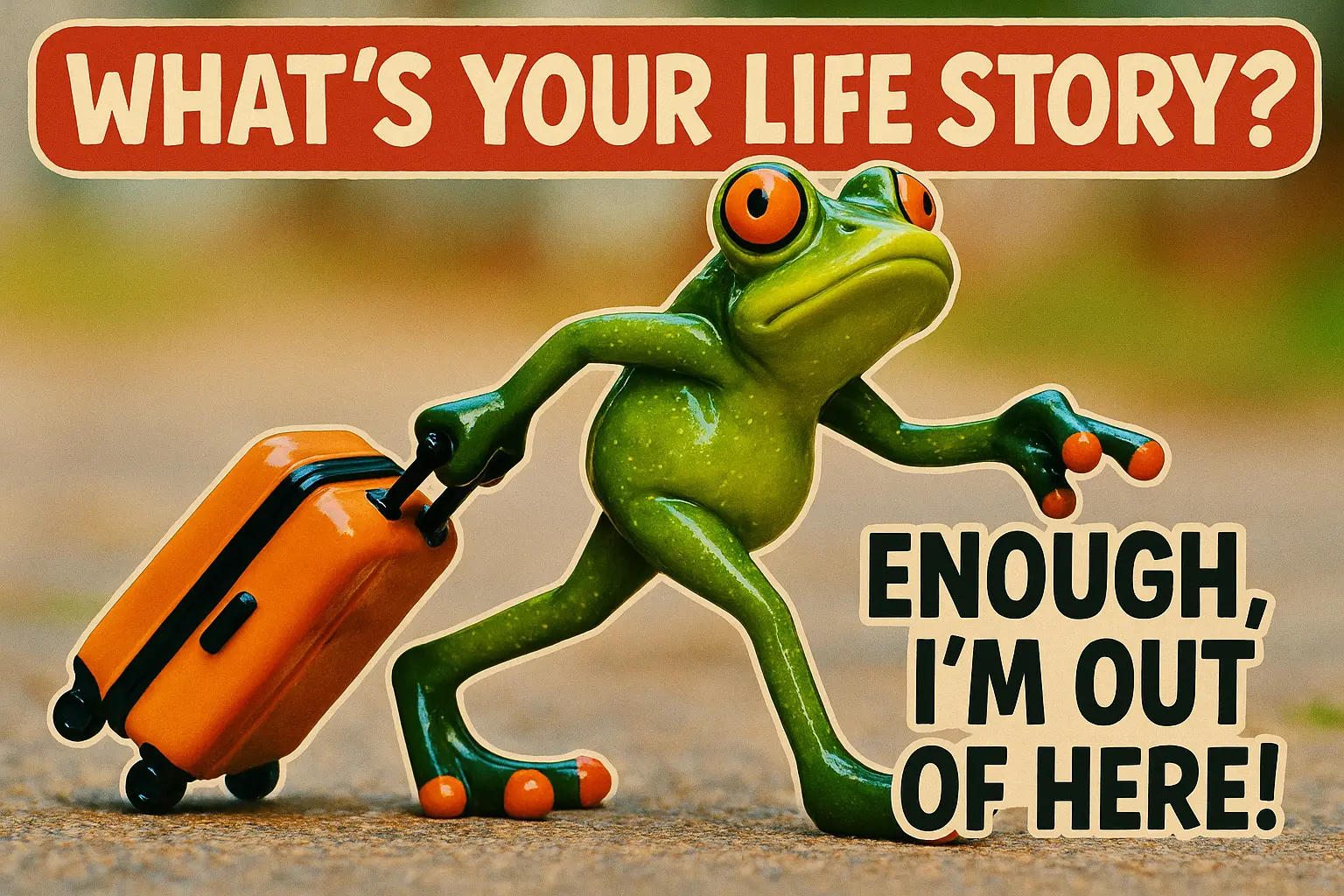 Funny YouTube Thumbnail template featuring a frog figurine walking with a suitcase