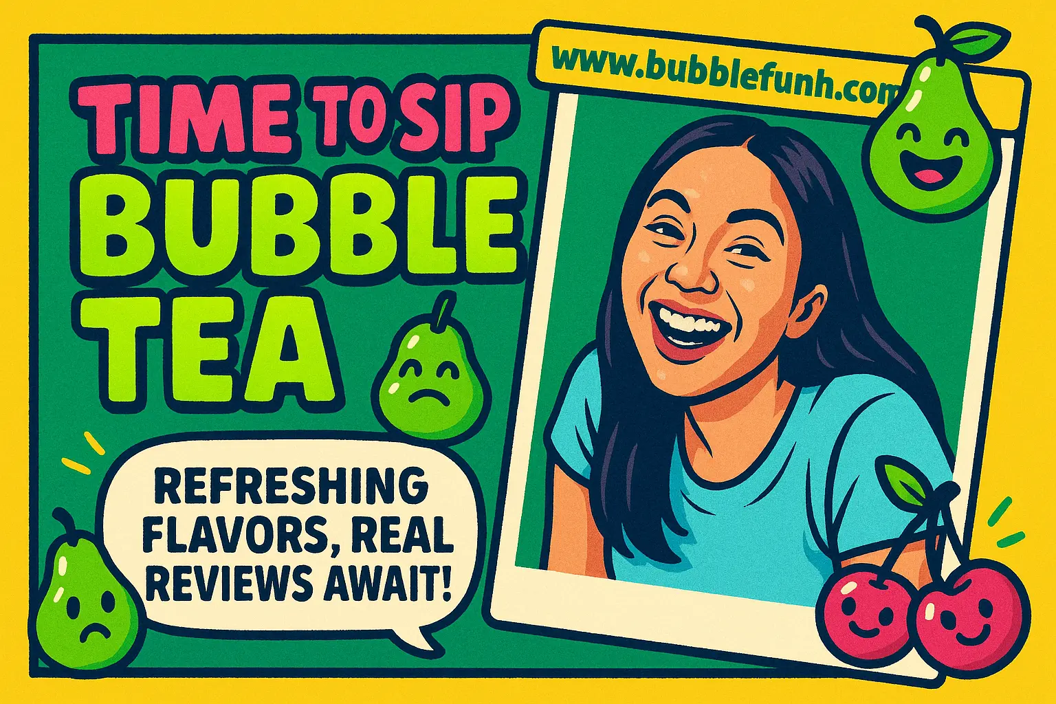Funny YouTube Thumbnail template with smiling woman and cartoon fruits