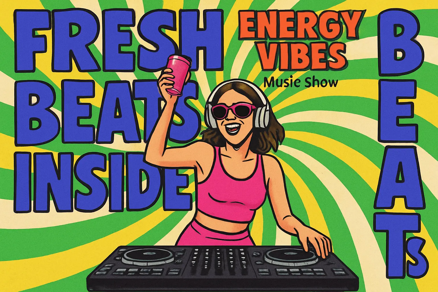Funny YouTube Thumbnail template with DJ girl and bold swirl