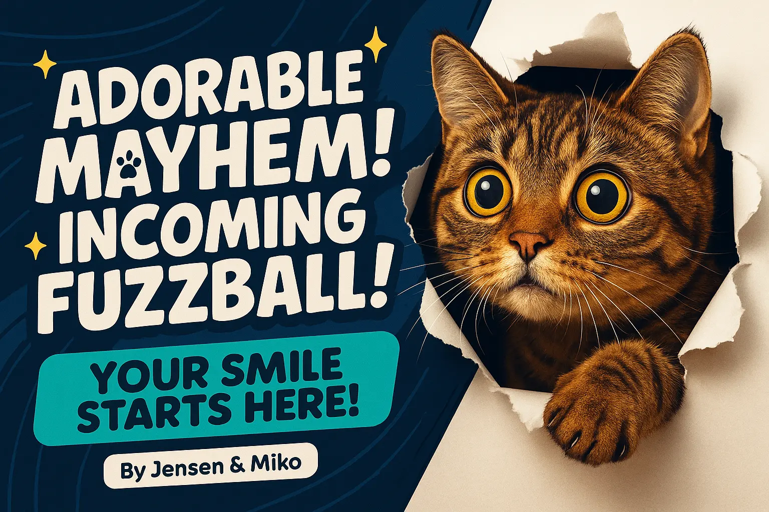 Funny YouTube Thumbnail template with cute cat bursting through paper