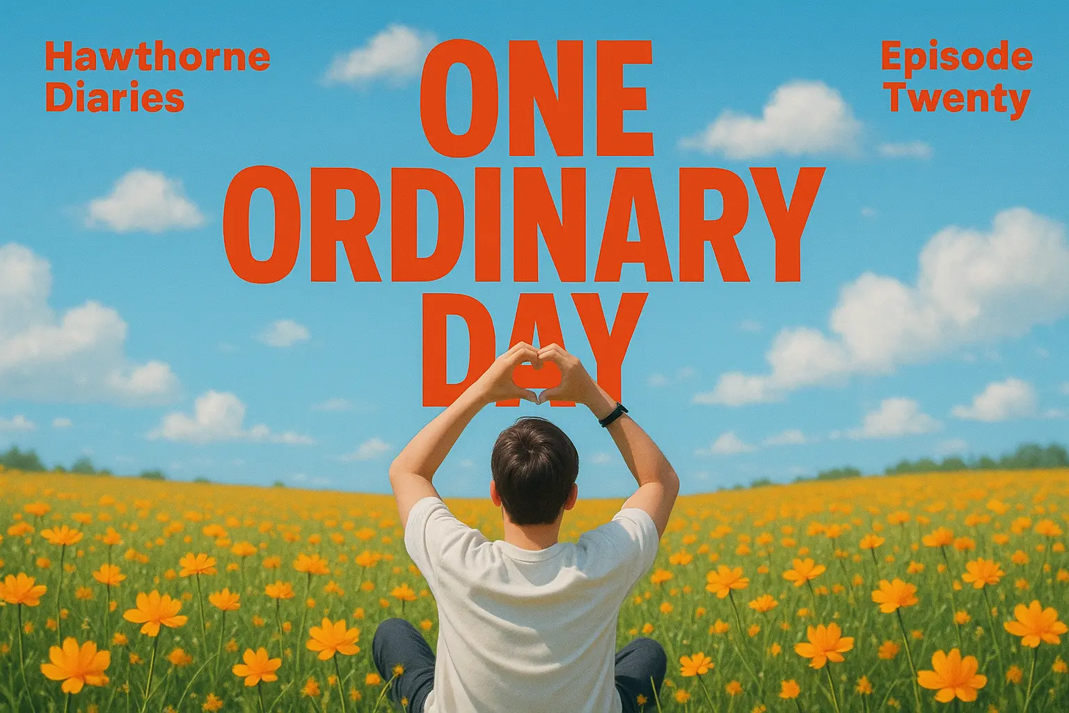 Funny YouTube Thumbnail template with flowers, sky, and large red title