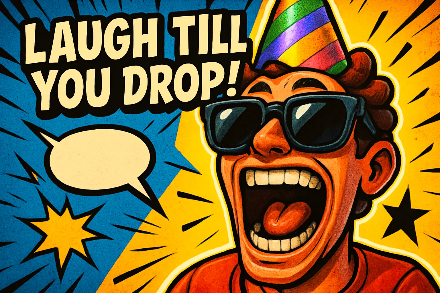 Funny YouTube Thumbnail template with character in oversized sunglasses and colorful party hat