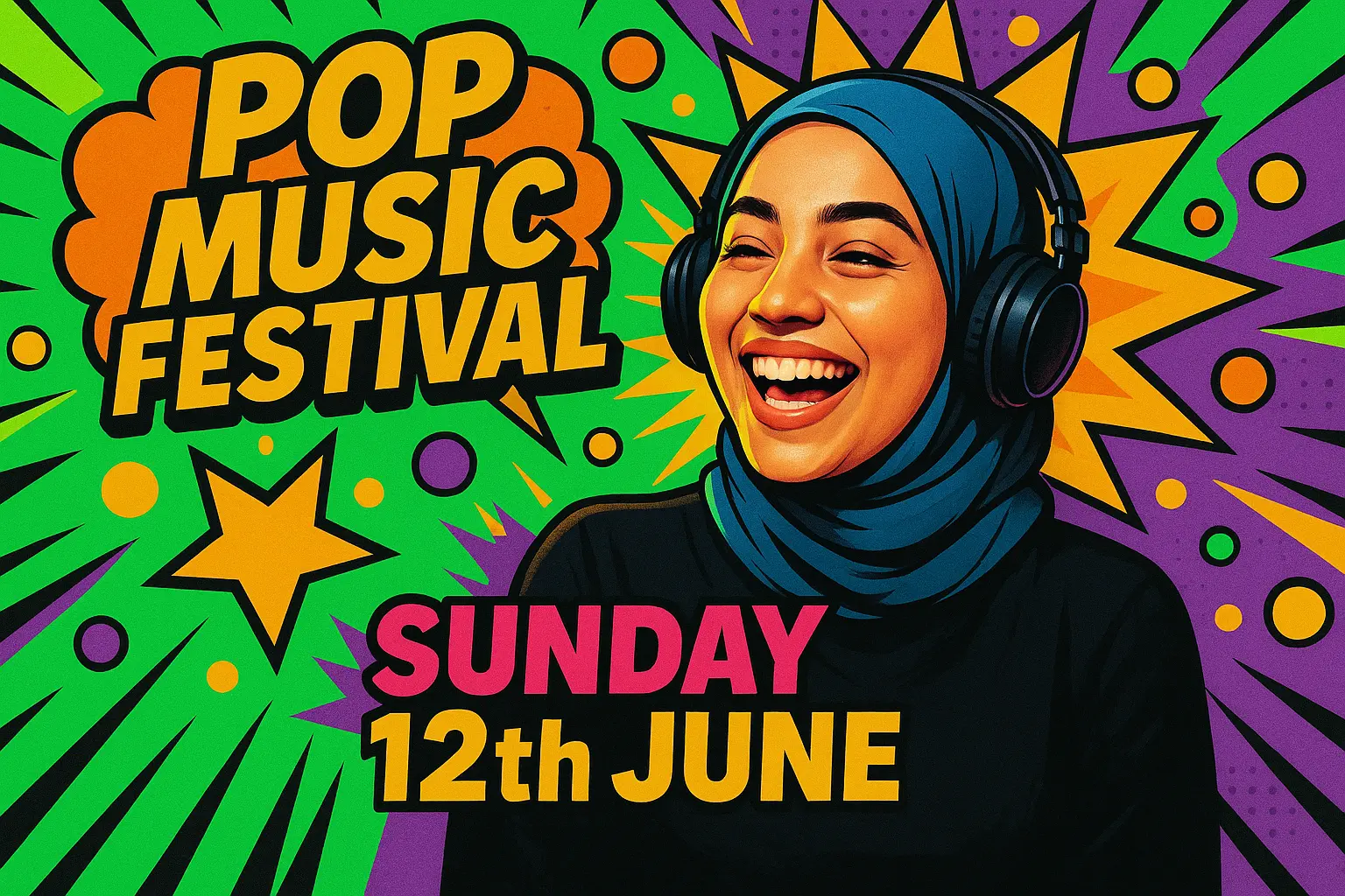 Funny YouTube Thumbnail template featuring a joyful woman with headphones and colorful background