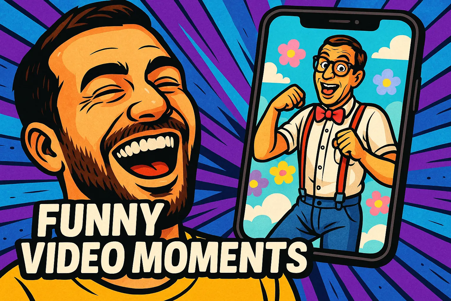 Funny YouTube Thumbnail template with a smiling man and humorous smartphone screen