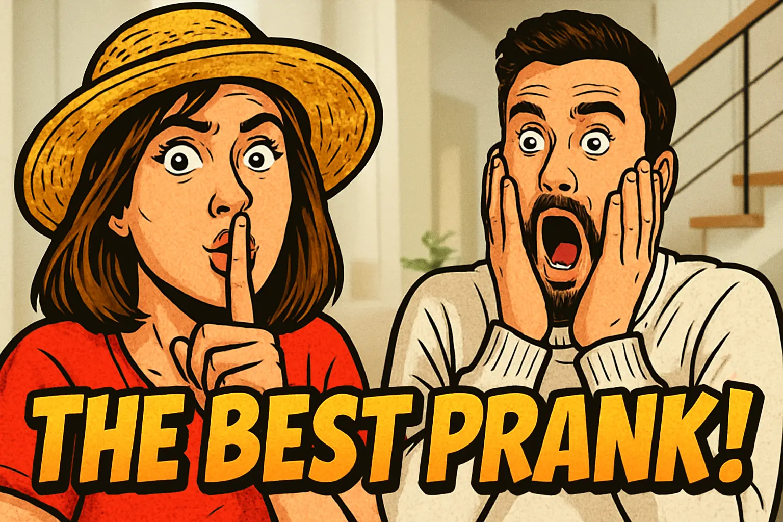 Funny YouTube Thumbnail template featuring two shocked characters with text 'THE BEST PRANK!'