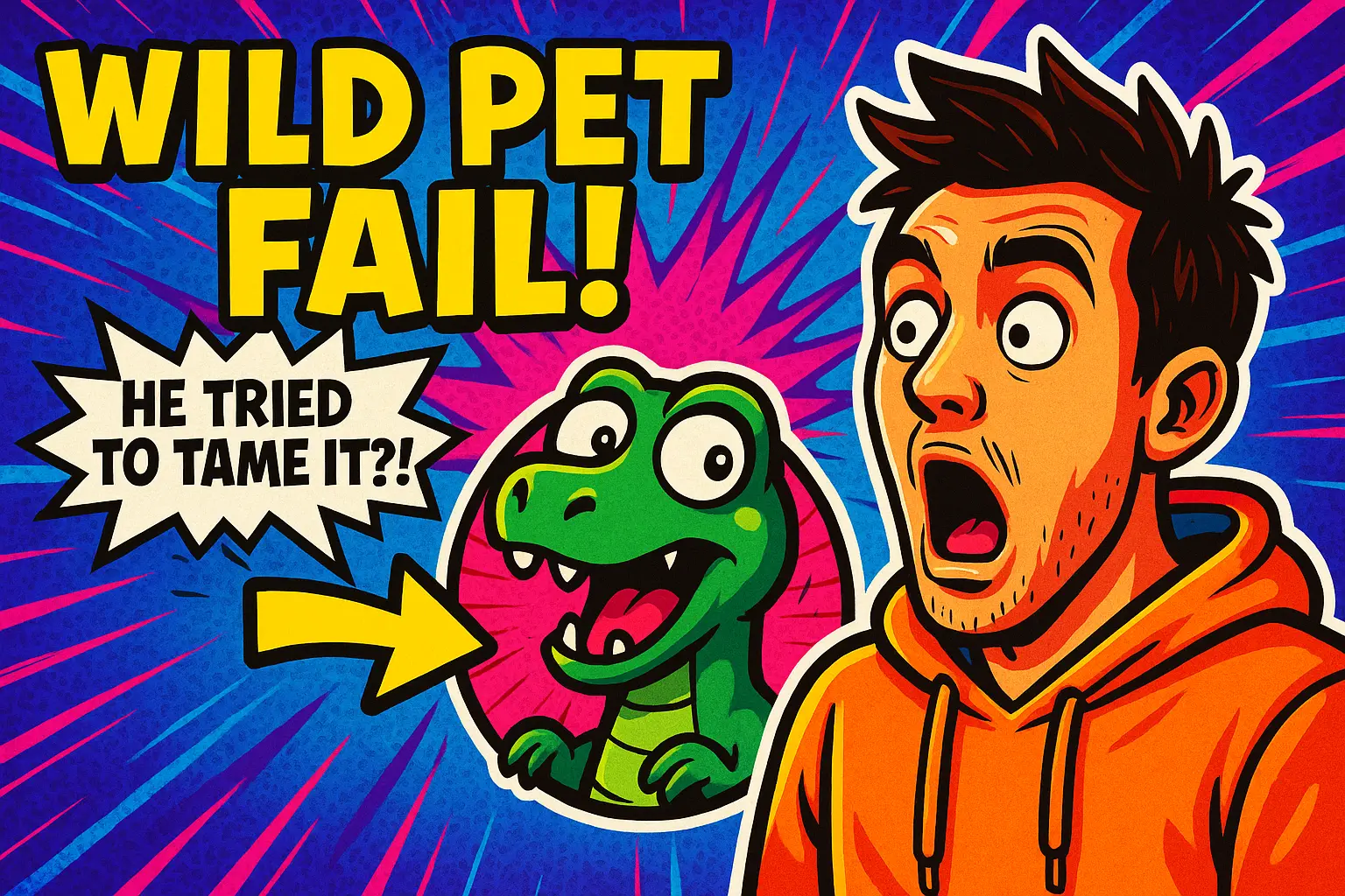 Funny YouTube Thumbnail template with shocked man and cartoon dinosaur