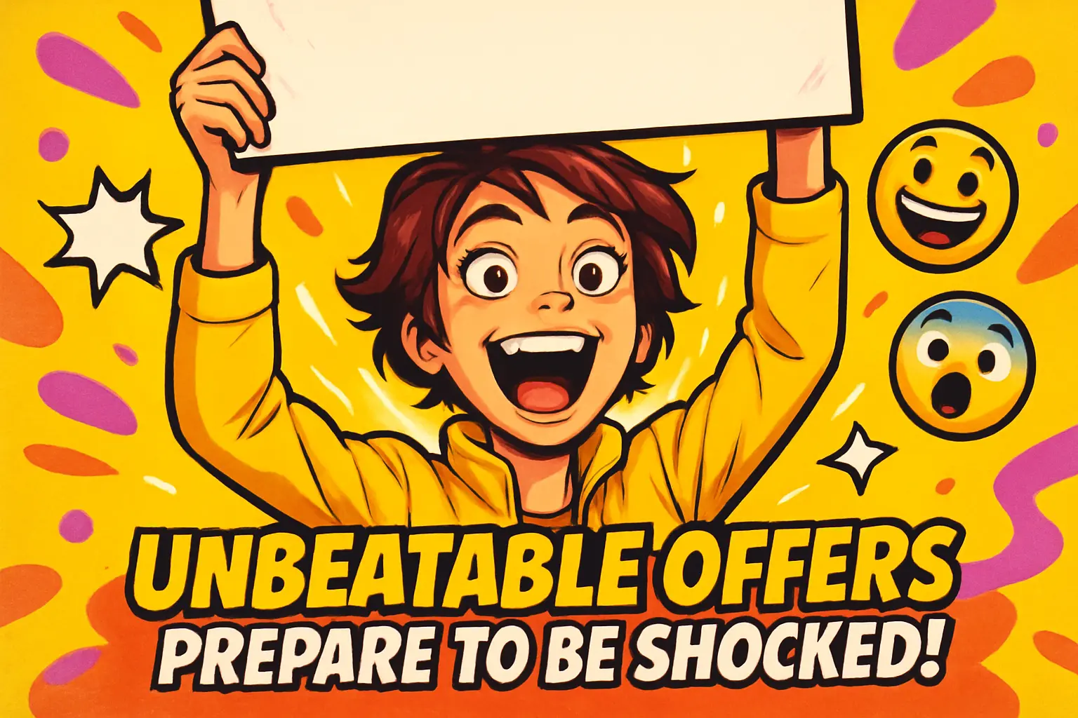Funny YouTube Thumbnail template with a surprised woman holding a sign and playful text.