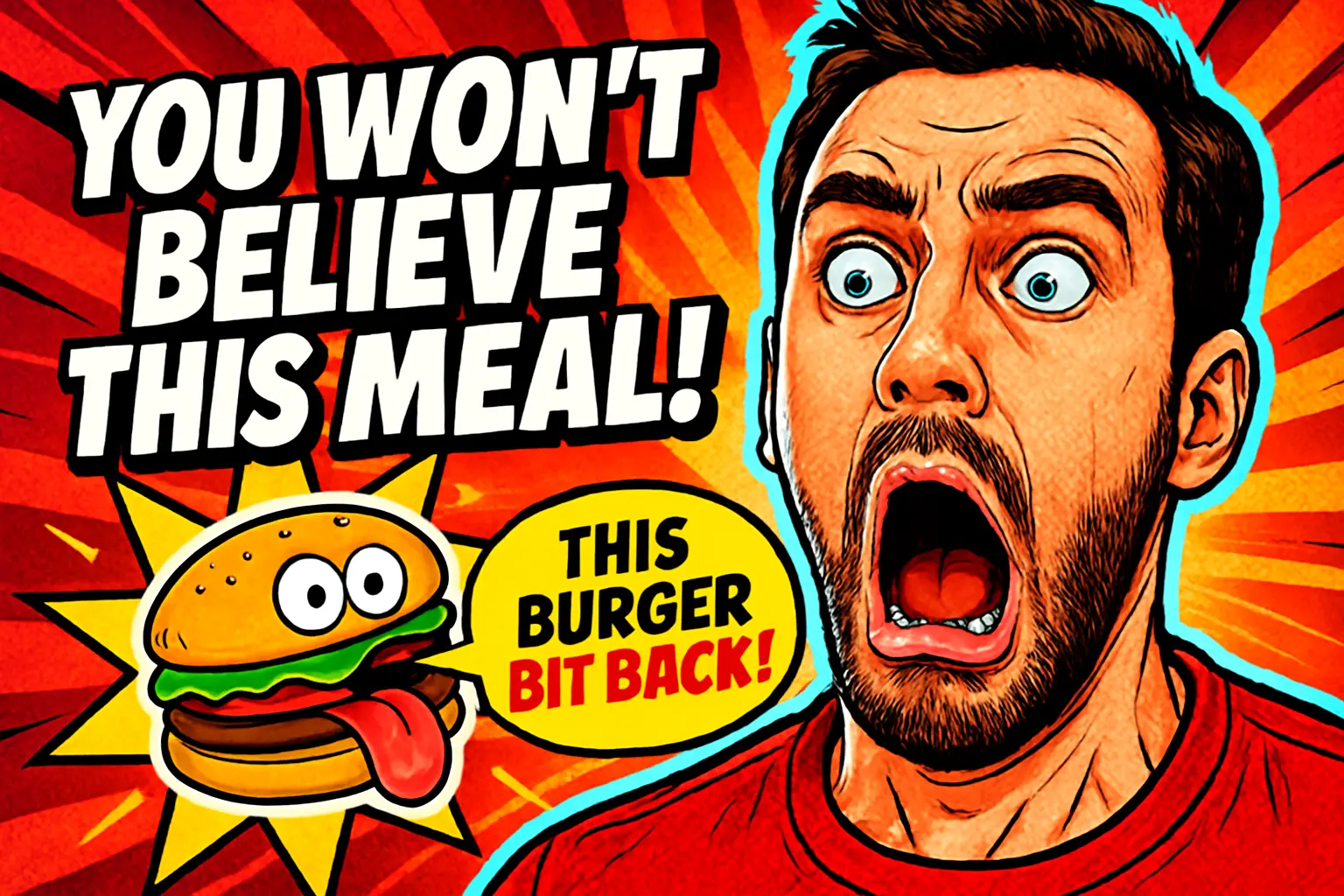 Funny YouTube Thumbnail template with shocked man and cartoon burger
