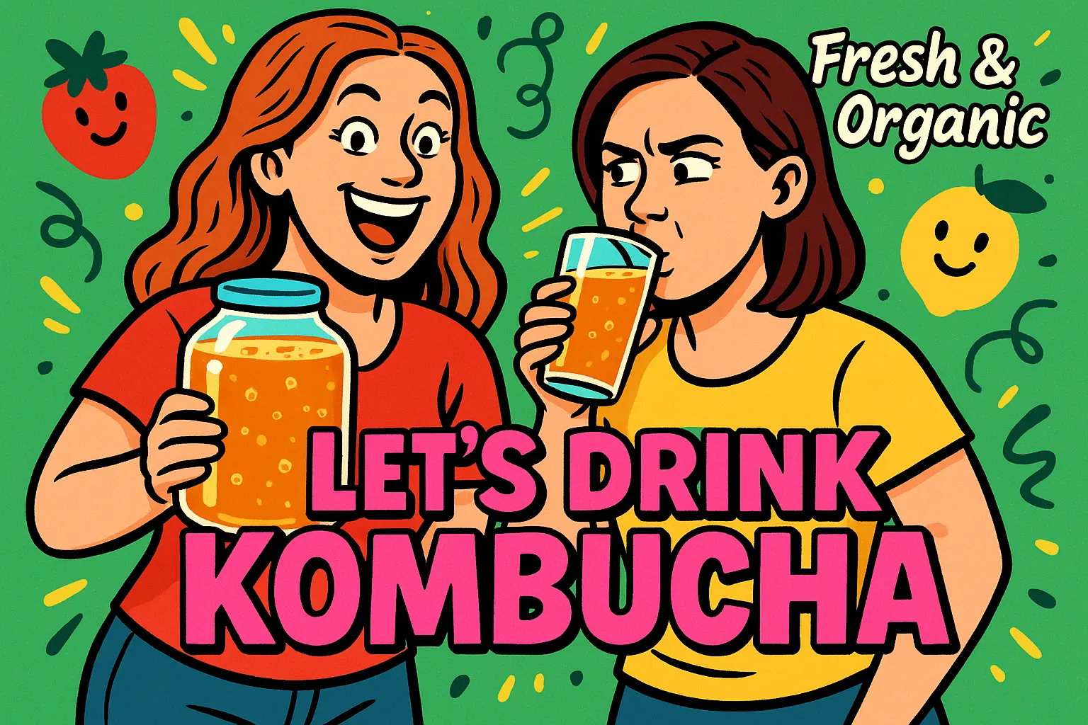 Funny YouTube Thumbnail template featuring two women drinking kombucha