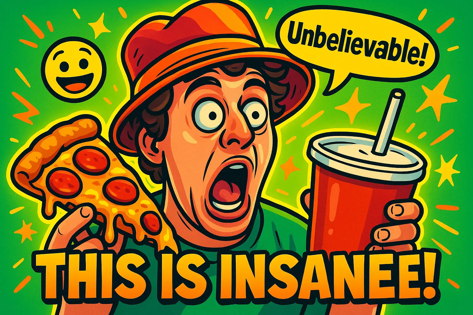 Funny YouTube Thumbnail template with surprised person holding pizza and drink