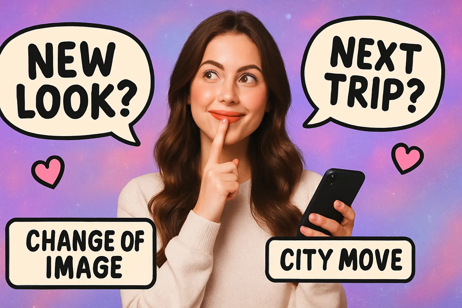 Funny YouTube Thumbnail template with a woman holding her phone, thoughtful expression, and playful speech bubbles.