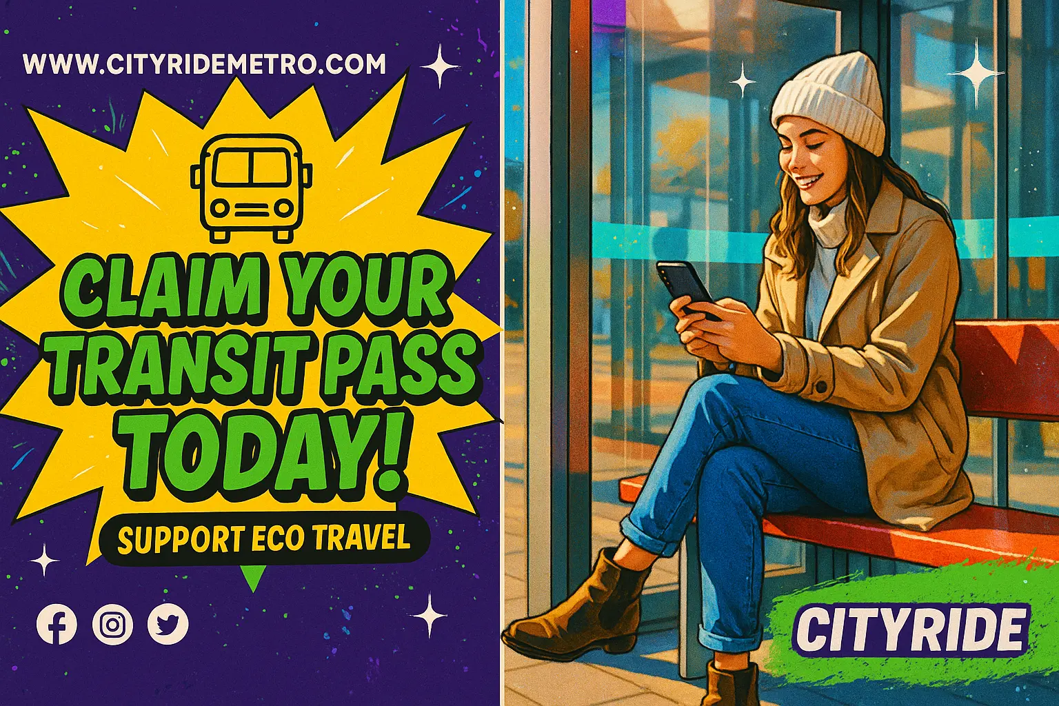 Funny YouTube Thumbnail template with girl at bus stop and bold transit promo