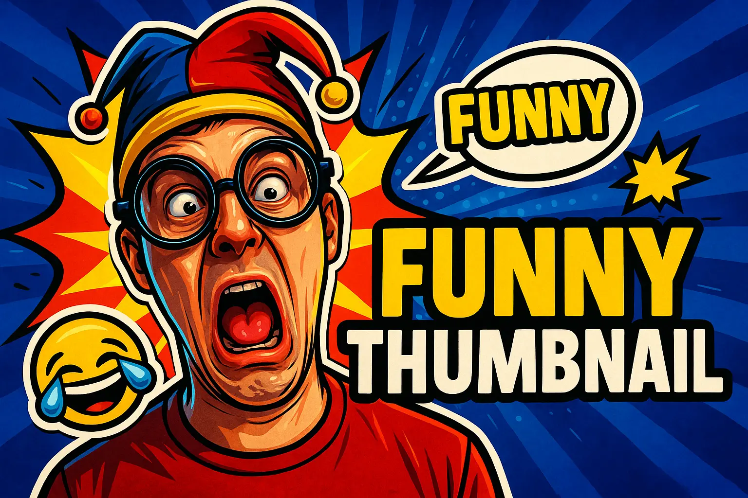 Funny YouTube Thumbnail template with party hat, glasses, and bold text.