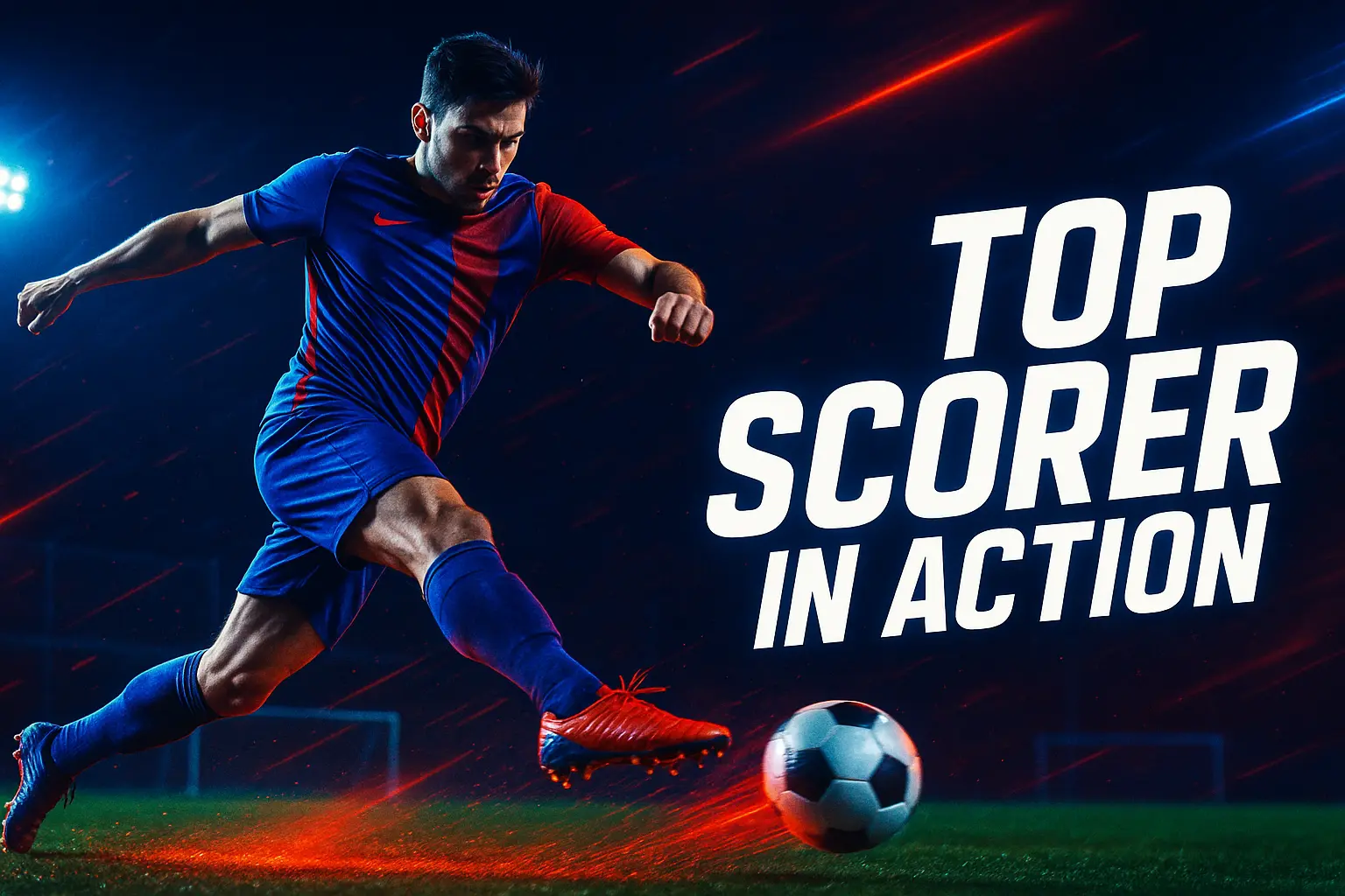 Football YouTube thumbnail template with player mid-kick and dynamic field lighting