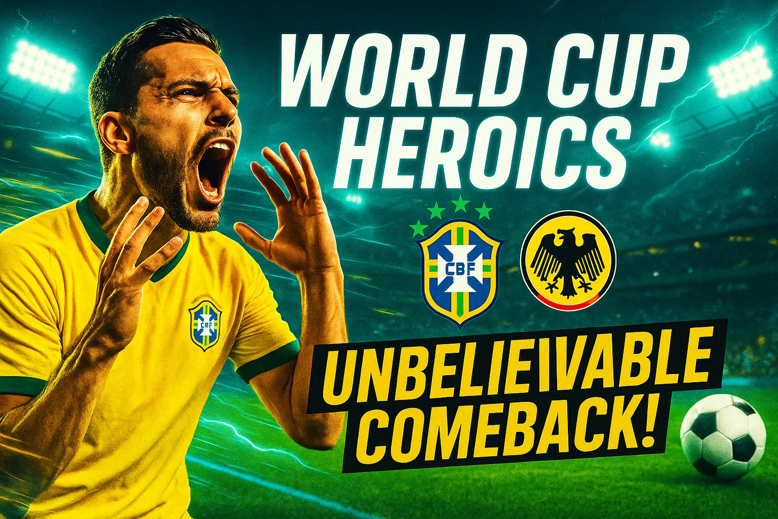 Football YouTube thumbnail template with striker shouting in stadium