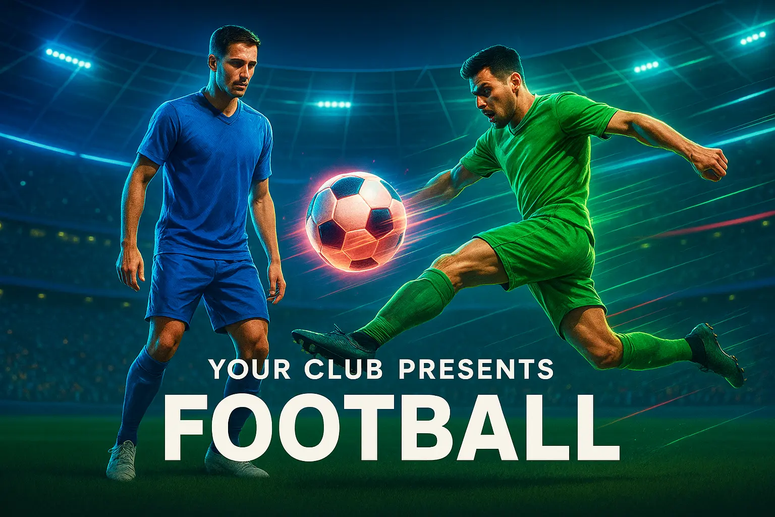 Football YouTube thumbnail template with animated players and neon stadium background